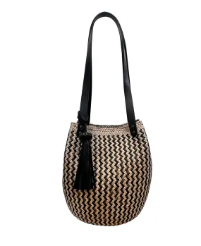 Lolita black leather bucket bag  / black zigzag hand woven palm