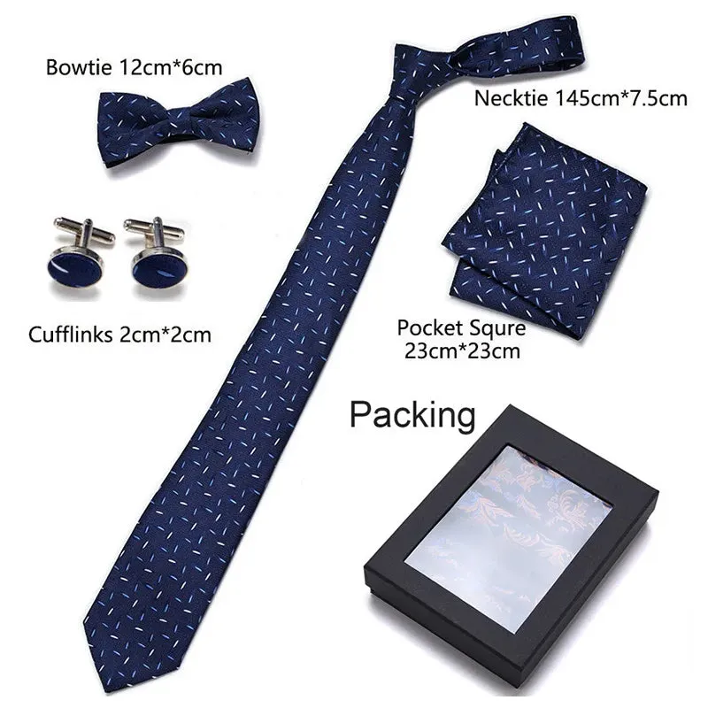 Men Bowtie, Necktie, Cufflinks, and Pocket Square Gift Box Set