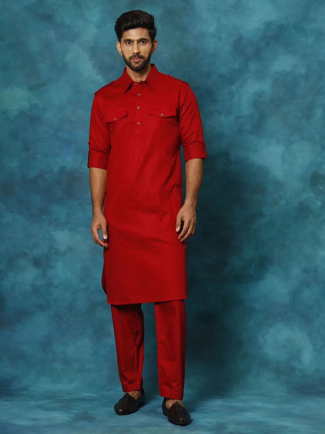 Men's Maroon Cotton Pathani Suit Set