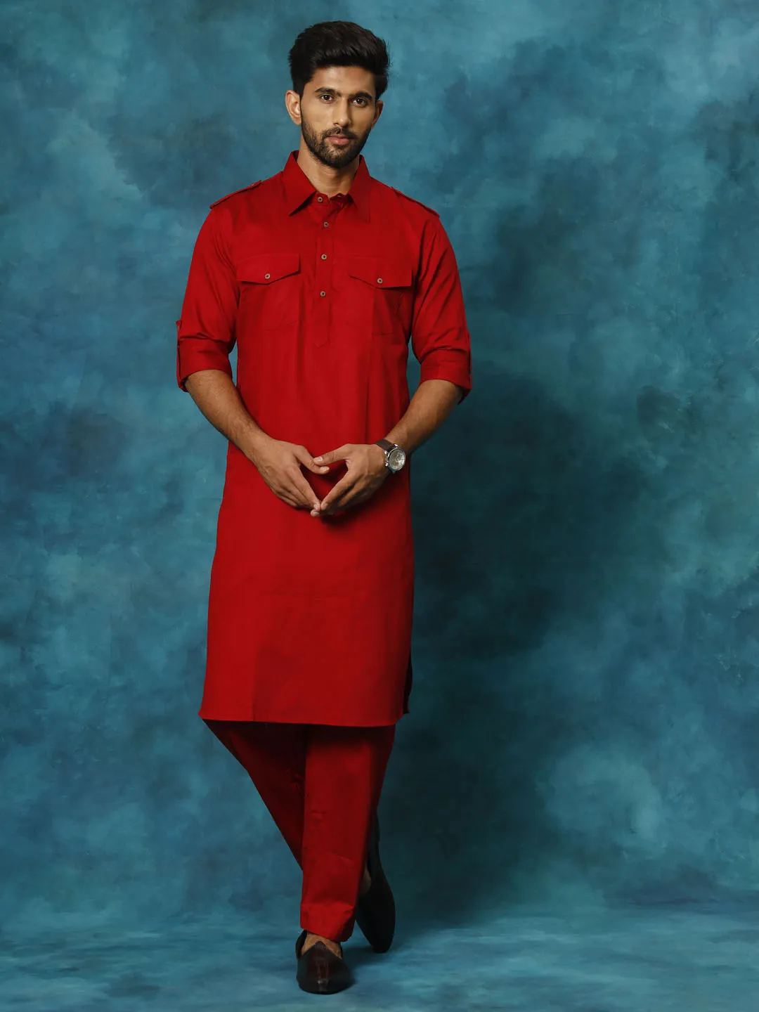 Men's Maroon Cotton Pathani Suit Set