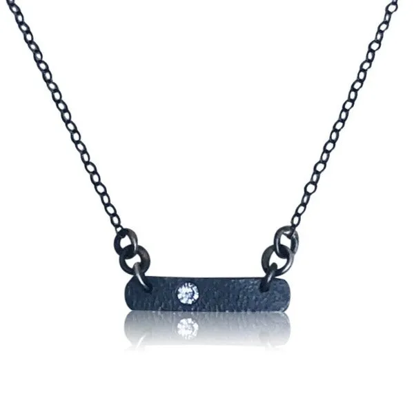 NBS5 - Oxidized Sterling Silver Bar Necklace w Diamond.