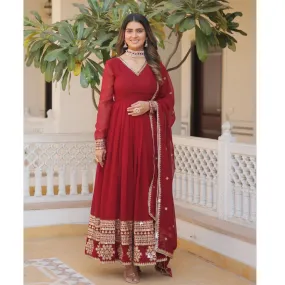 Party wear Embroidery Sequin Women's Gown Dupatta Suit Maroon