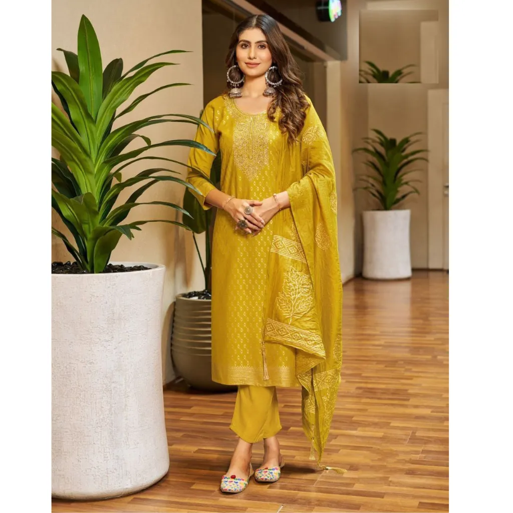 Party wear Yellow Women Kurta Pant with Dupatta Suit