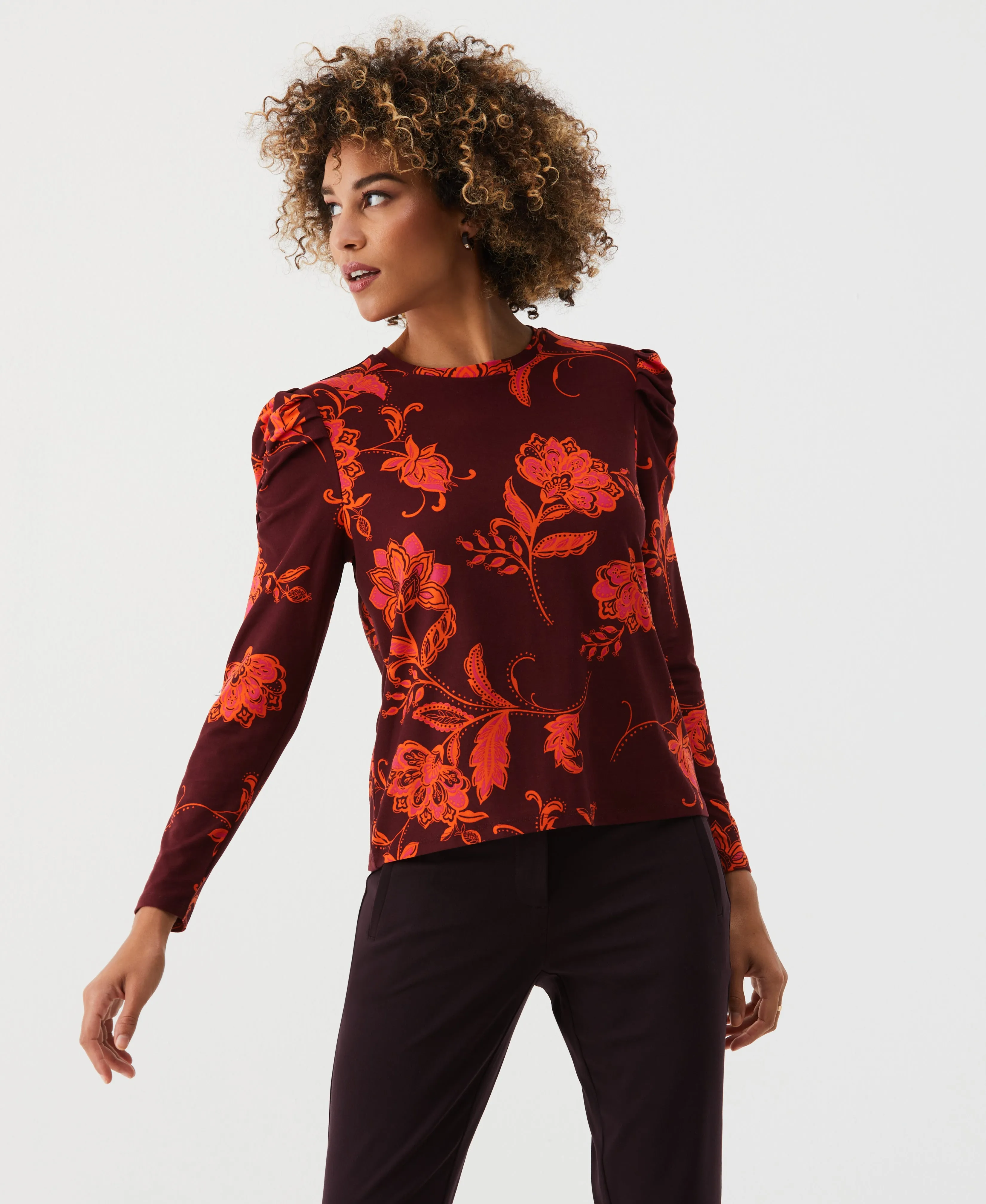 Petite Printed Crew Neck Puff Sleeve Top