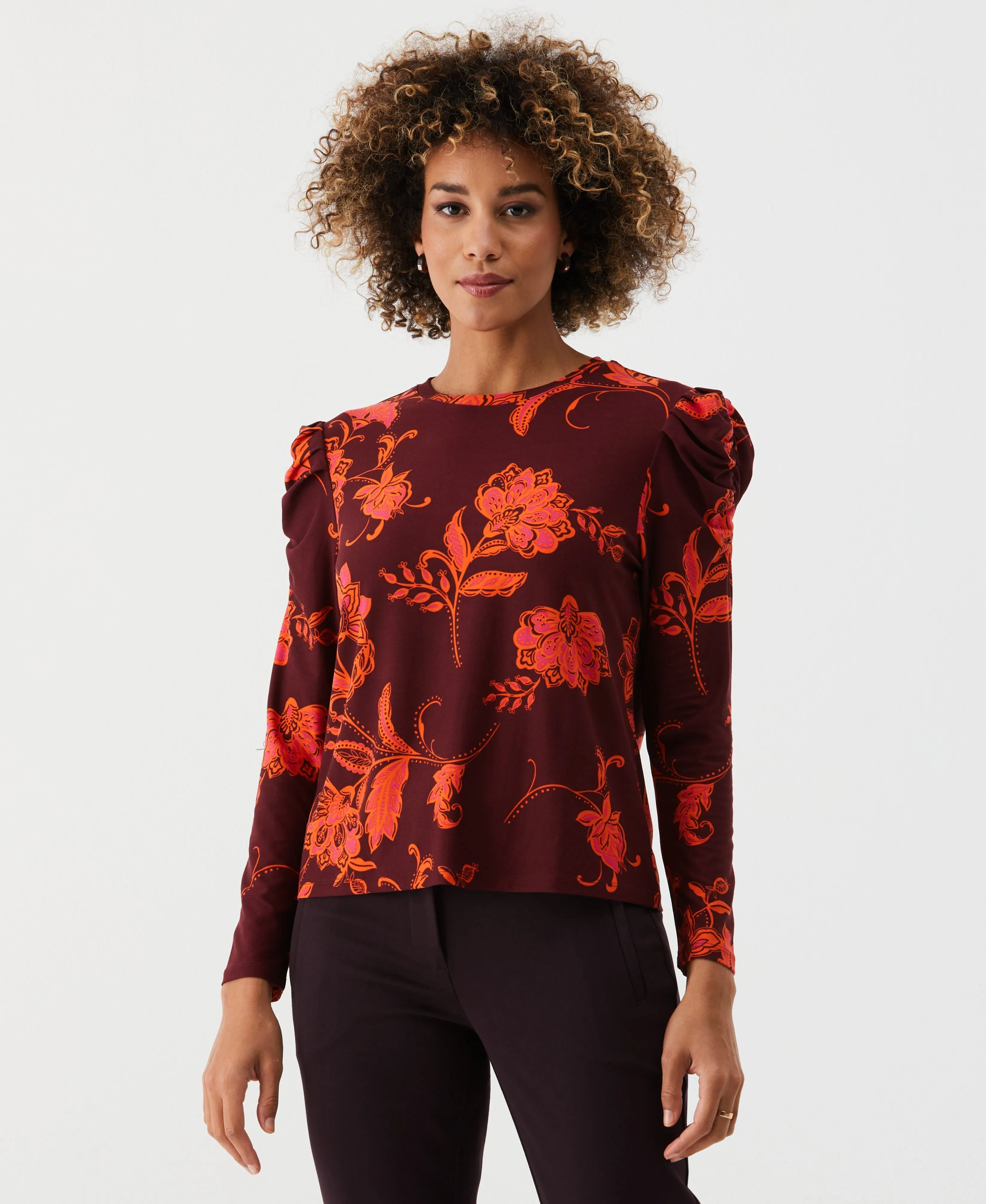 Petite Printed Crew Neck Puff Sleeve Top