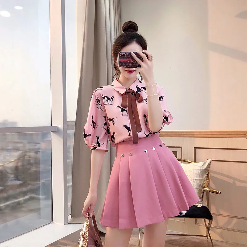 Pink Printing Blouse   Skirt Suit AD11907