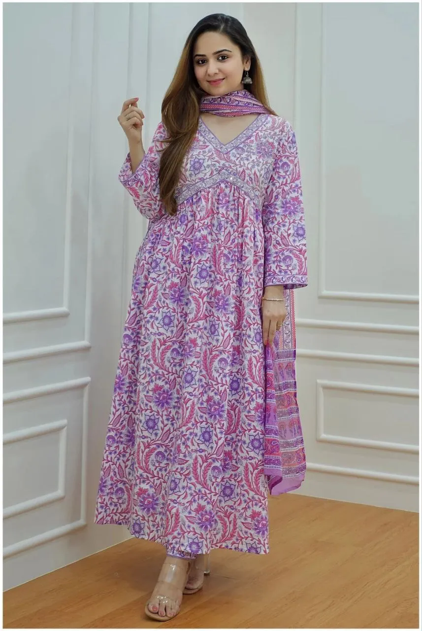 Pink Pure Cotton Floral Women Kurti Pant with Dupatta Suit