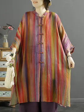 Plus Size Women Summer Stripe Button-up 100%Ramie Shirt Coat KL1032