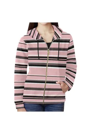 Pressed Rose & Black and White Stripes All Over Print Full Zip Hoodie for Women (Model H14)