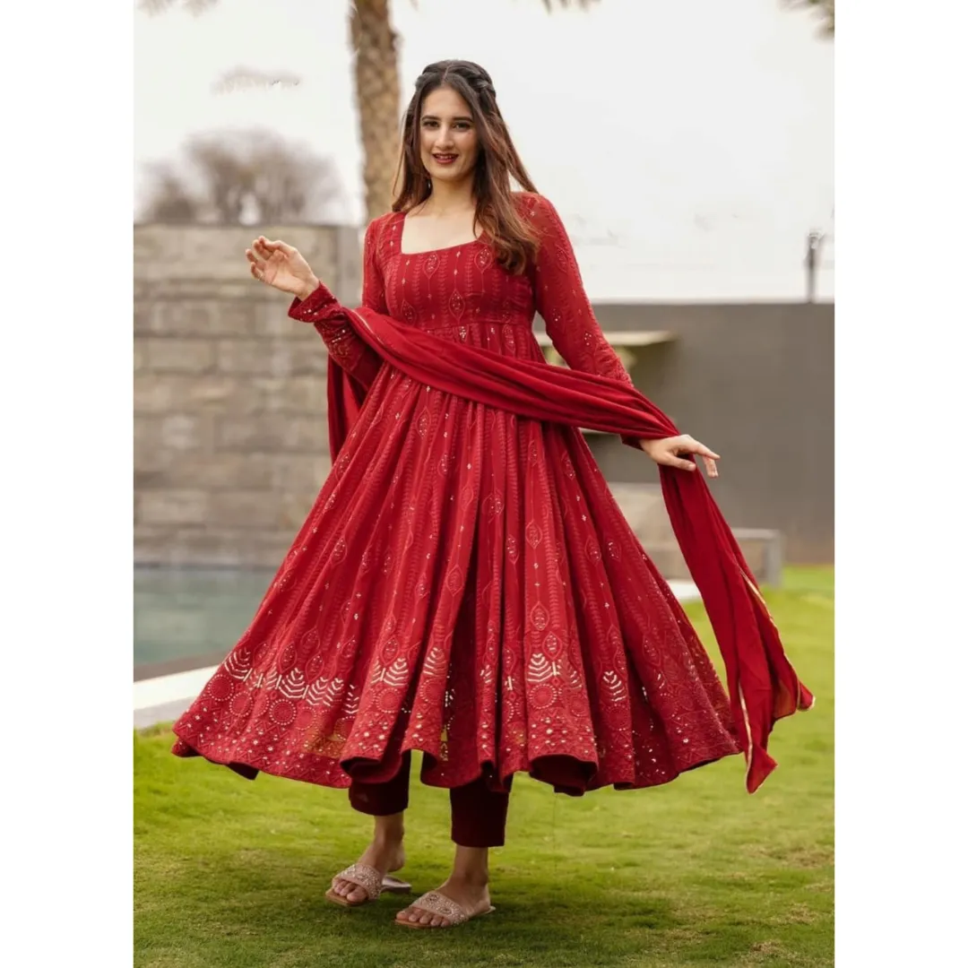 Red Party wear Women Kurti Pant Dupatta Suit