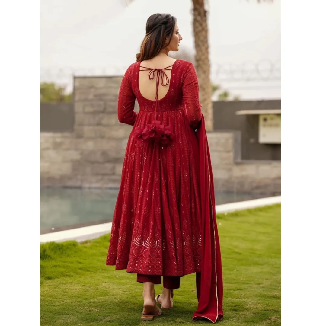 Red Party wear Women Kurti Pant Dupatta Suit