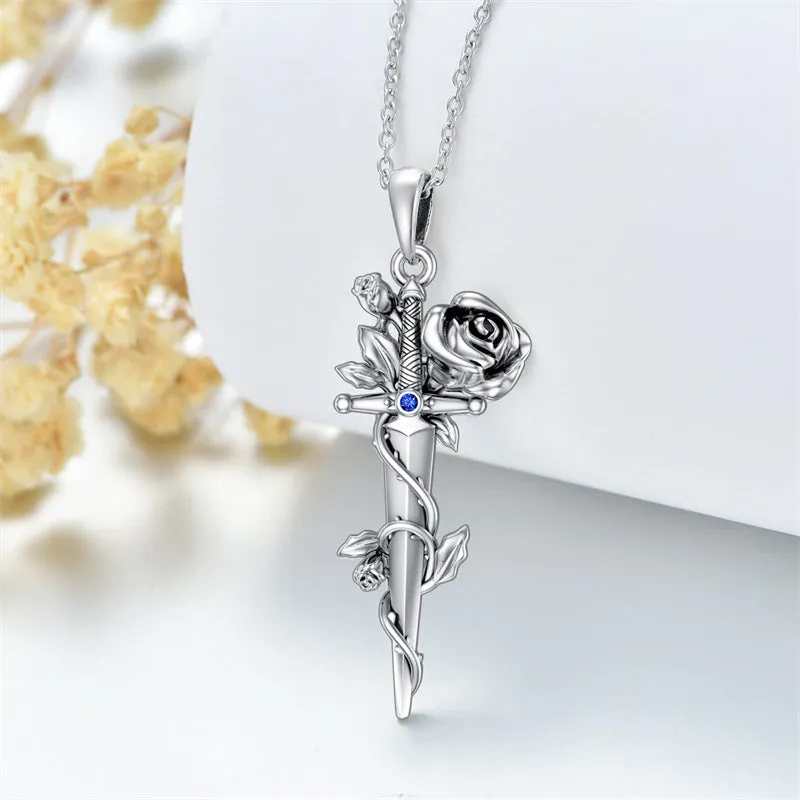 Rose Sword Necklace 925 Sterling Silver Dagger Knife Necklace for Women Girls Men Boys Medieval Sword Pendant Dagger Jewelry Birthday Gifts