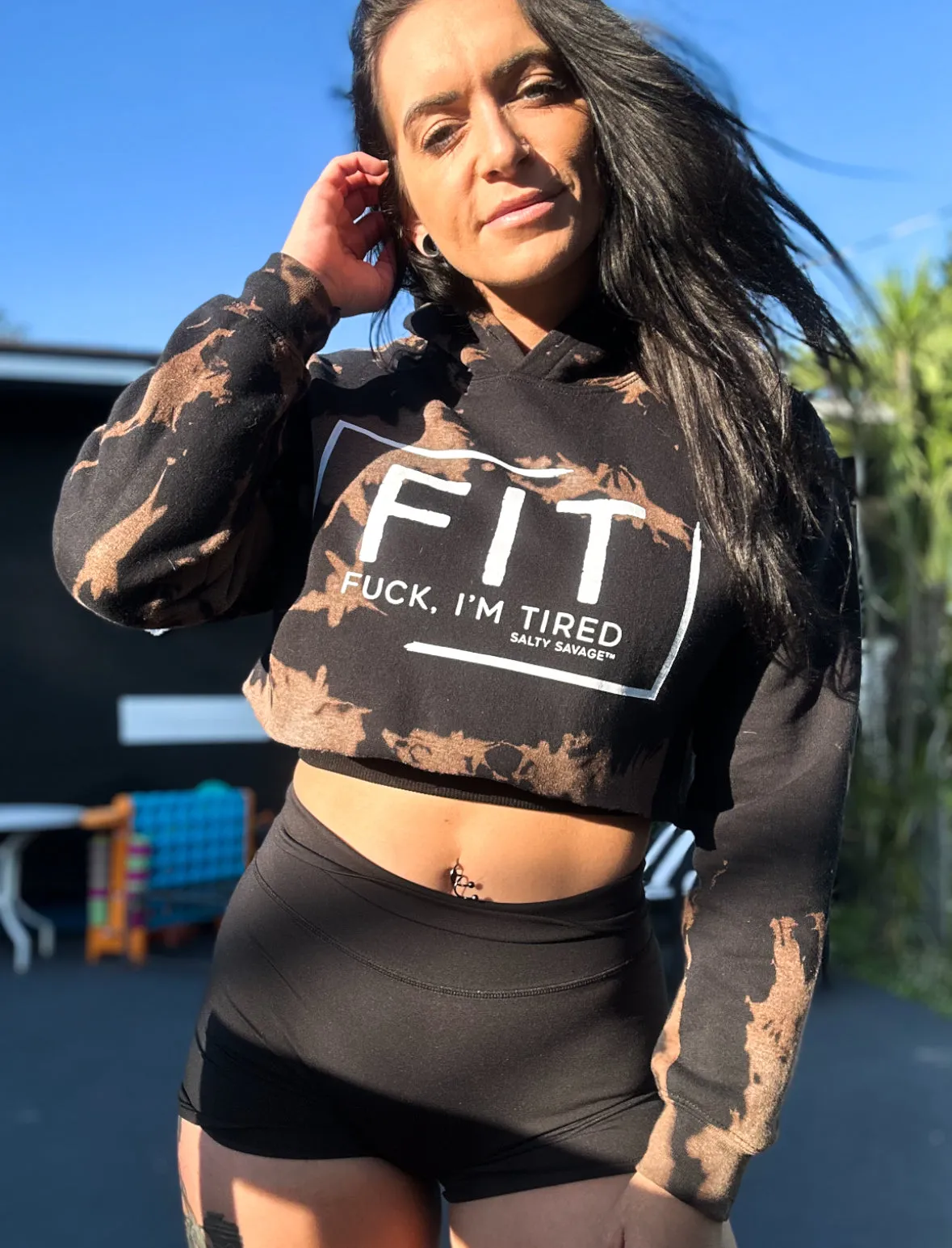 Salty Savage Ladies "FIT Fuck, I’m Tired" Bleach Washed Crop Hoodie