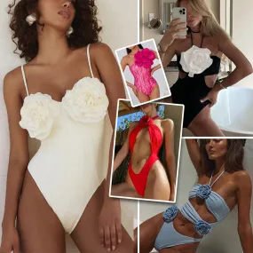 Sexy Women's Swimsuit Multiple Styles 3D Flowers One-piece Bathing Suit Set