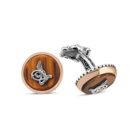 Silver Tiger Eye Stone Ottoman Tughra Cufflink