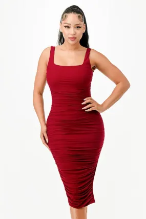 Square Neck Ruched Bodycon Midi Dress