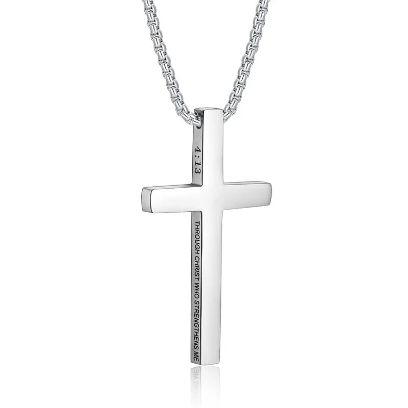 Stainless Steel Cross Necklace for Men Inspirational Bible Verse Cross Pendant Christian Jewelry