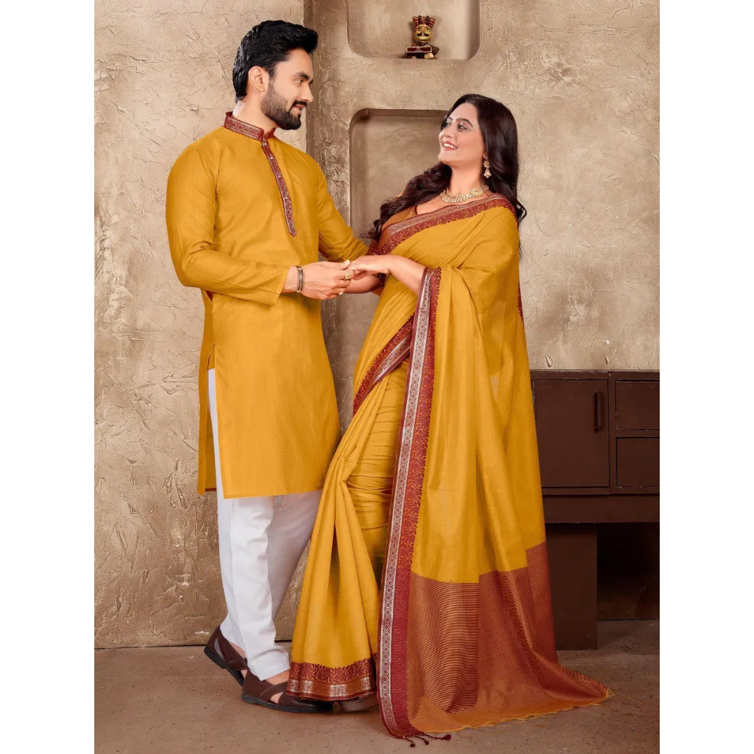 Traditional Couples Wear Men's Kurta Pant and Women's Saree