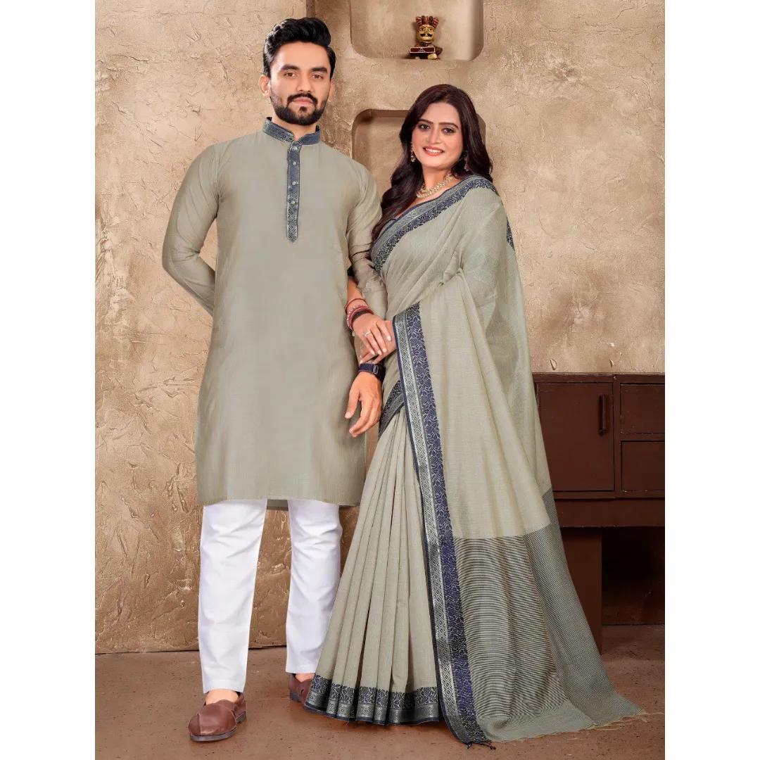 Traditional Couples Wear Men's Kurta Pant and Women's Saree