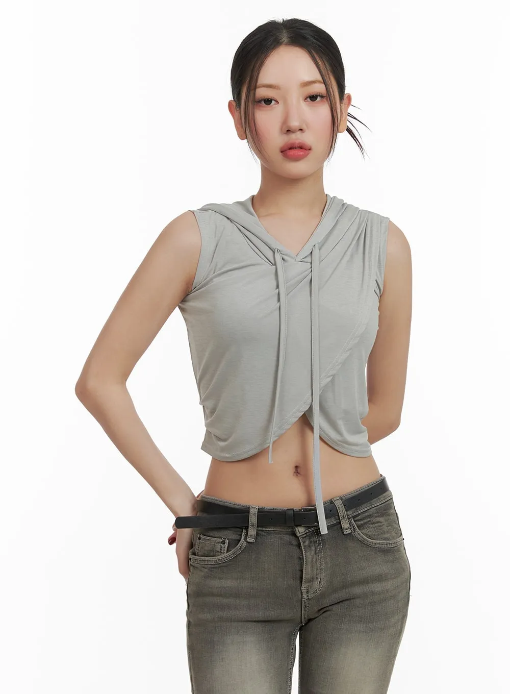 Unbalanced Wrap Sleeveless Cropped Hoodie CA416