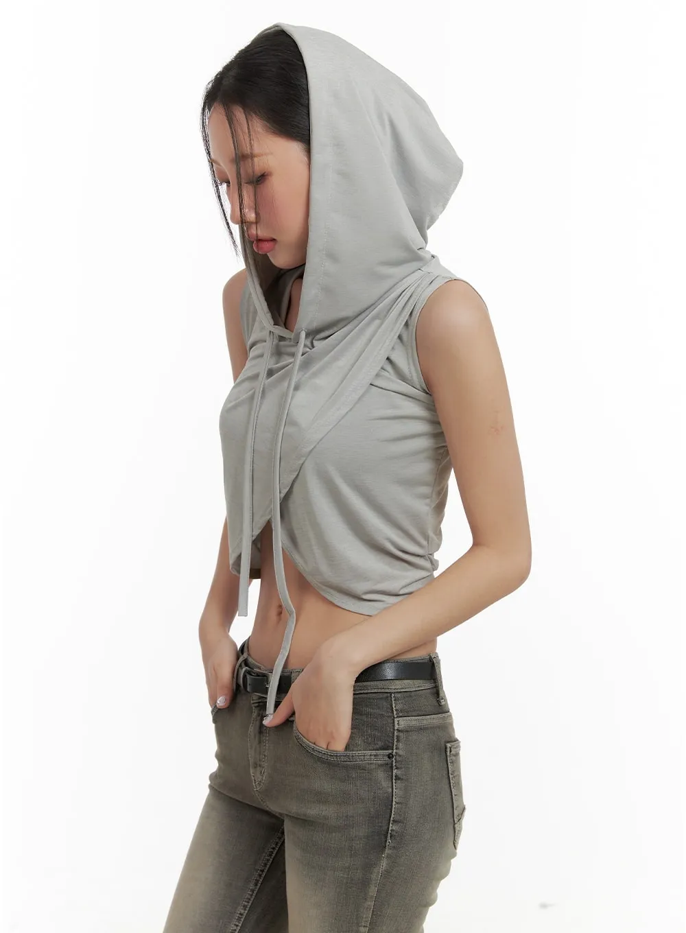 Unbalanced Wrap Sleeveless Cropped Hoodie CA416