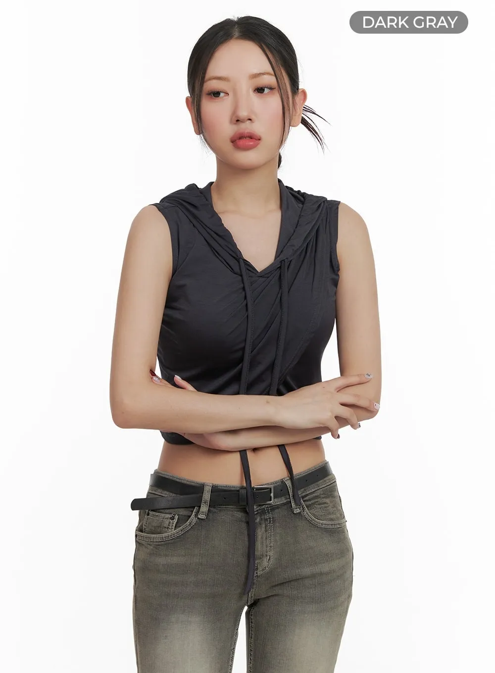 Unbalanced Wrap Sleeveless Cropped Hoodie CA416