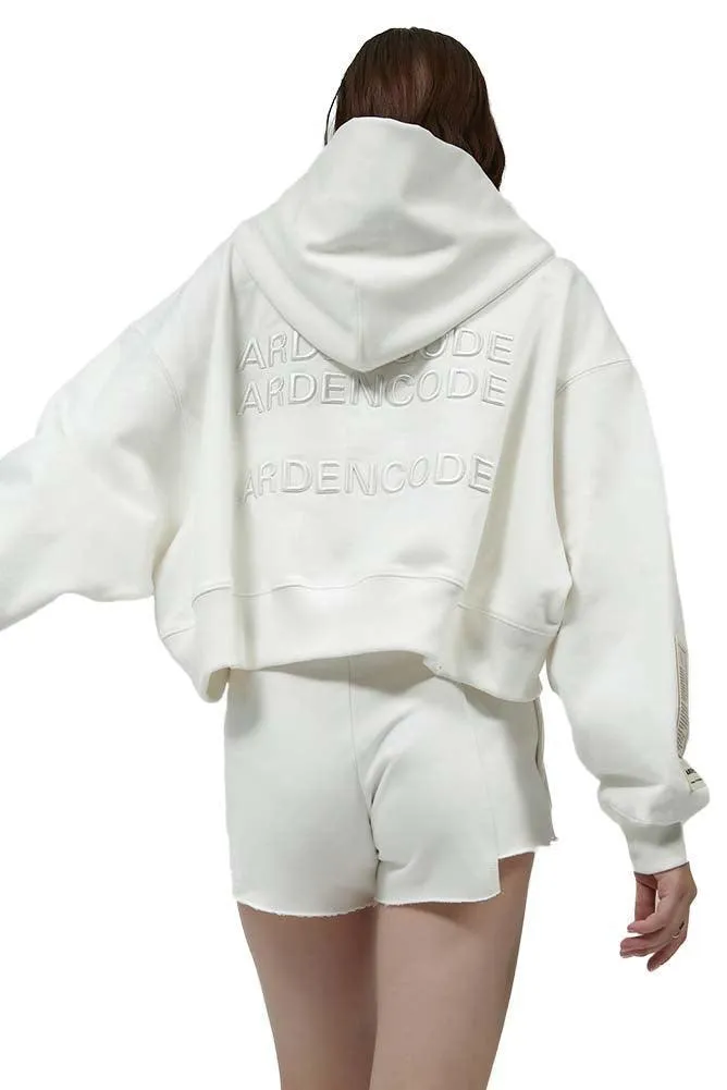 White Embroidery Zipper Short Hoodie