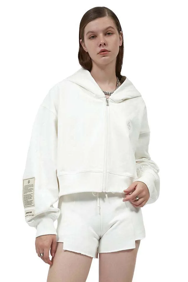 White Embroidery Zipper Short Hoodie