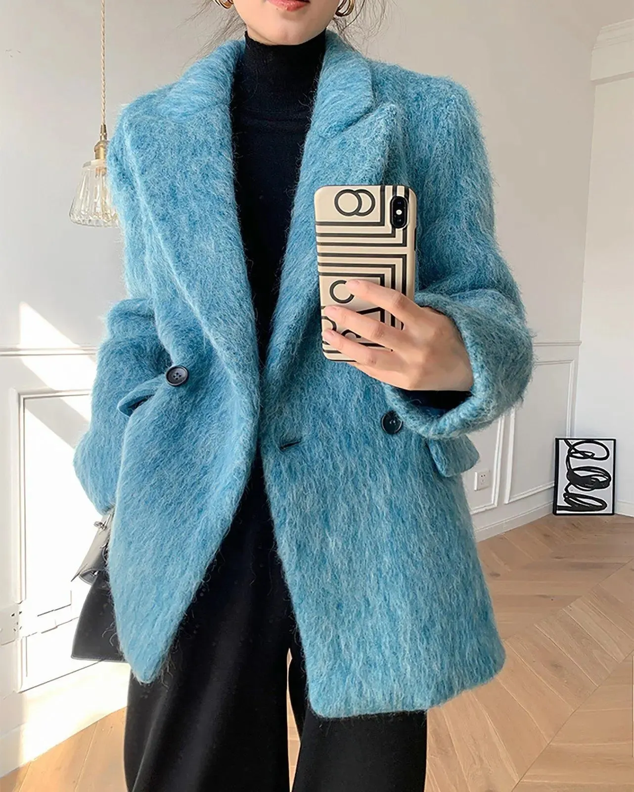 Women Blue Wool Blazer,Fleece Suit,Oversize Wool Coat,Warm Wool Suit Coat,Winter Blazer coat women,Blue wool Suit,Double breasted Suit Coat,