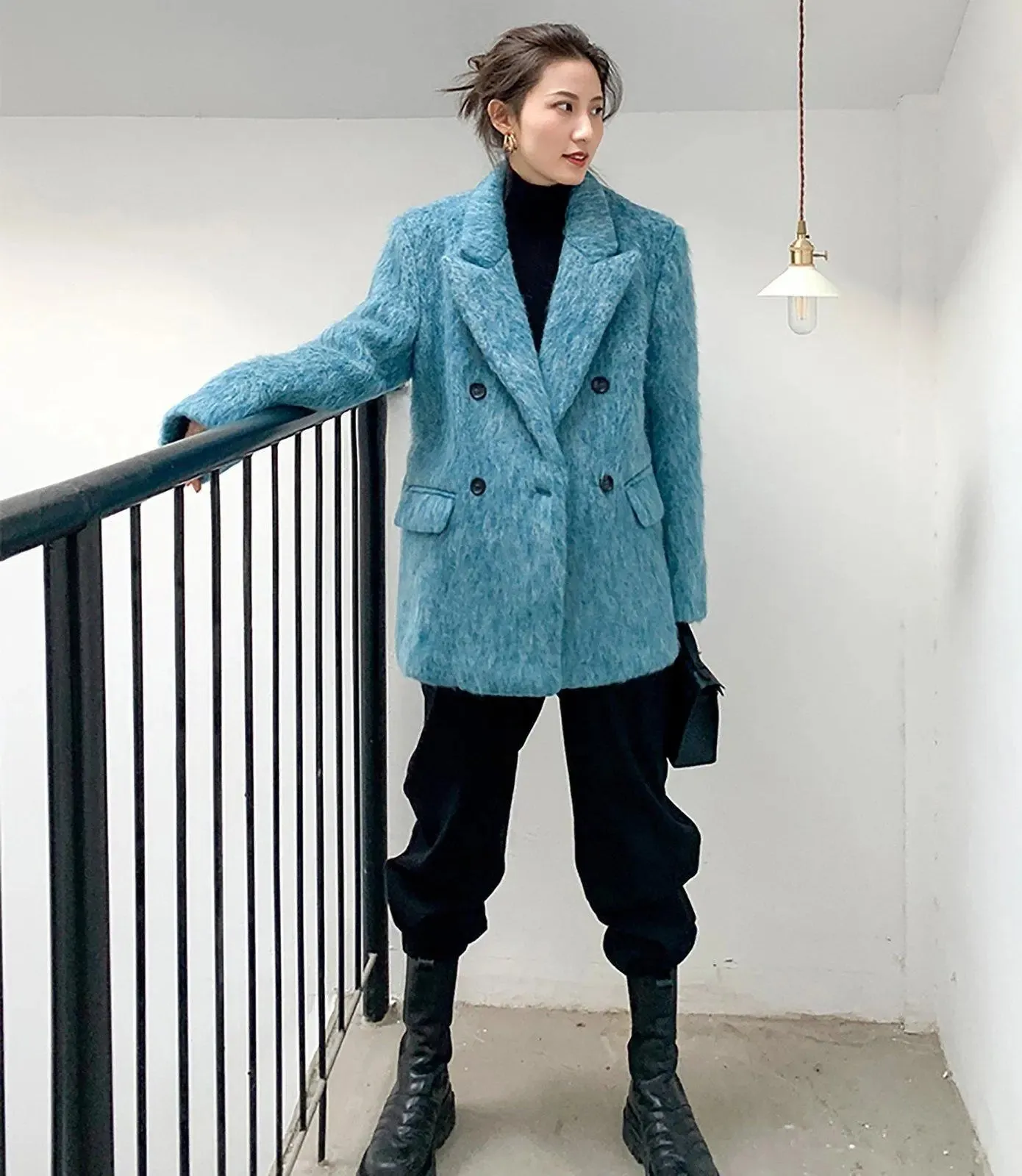 Women Blue Wool Blazer,Fleece Suit,Oversize Wool Coat,Warm Wool Suit Coat,Winter Blazer coat women,Blue wool Suit,Double breasted Suit Coat,