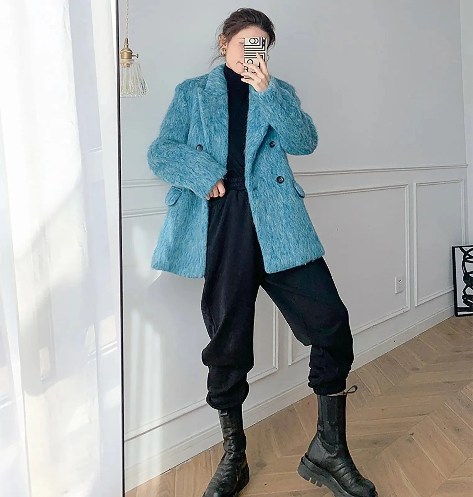 Women Blue Wool Blazer,Fleece Suit,Oversize Wool Coat,Warm Wool Suit Coat,Winter Blazer coat women,Blue wool Suit,Double breasted Suit Coat,