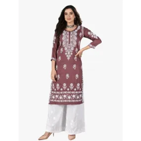 Women's Brown Embroidery Chikankari Kurti Palazzo set