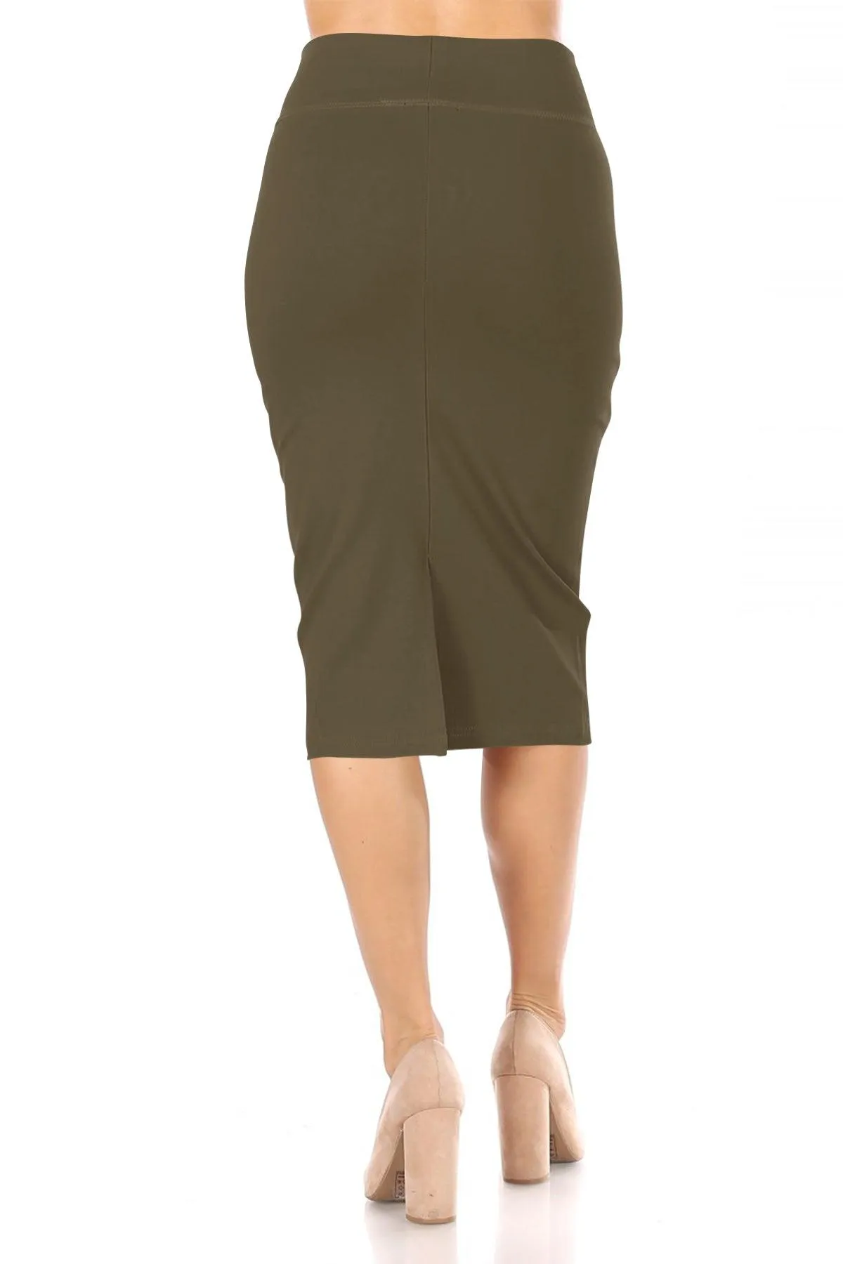 Women's Casual Solid  High Waist Stretchy Back Split Midi Pencil Skirt