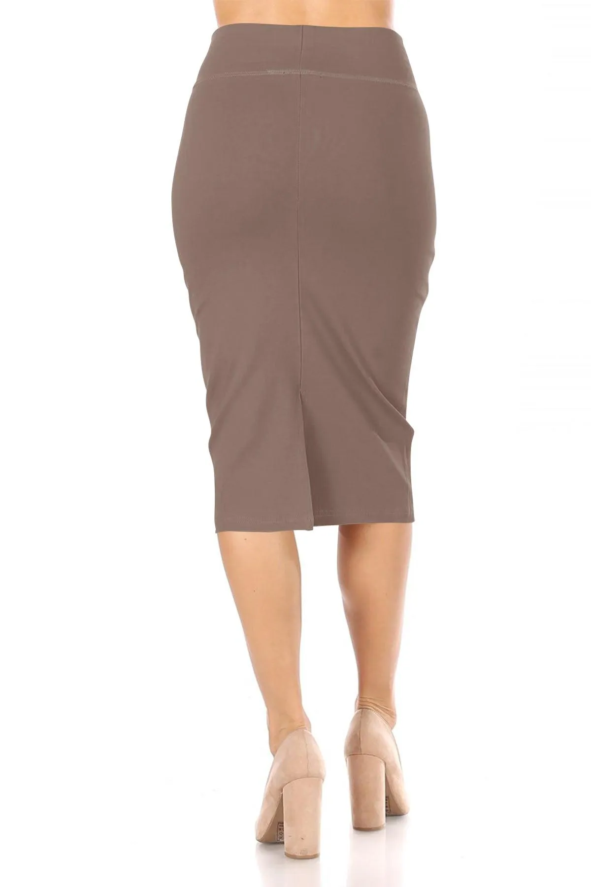 Women's Casual Solid  High Waist Stretchy Back Split Midi Pencil Skirt