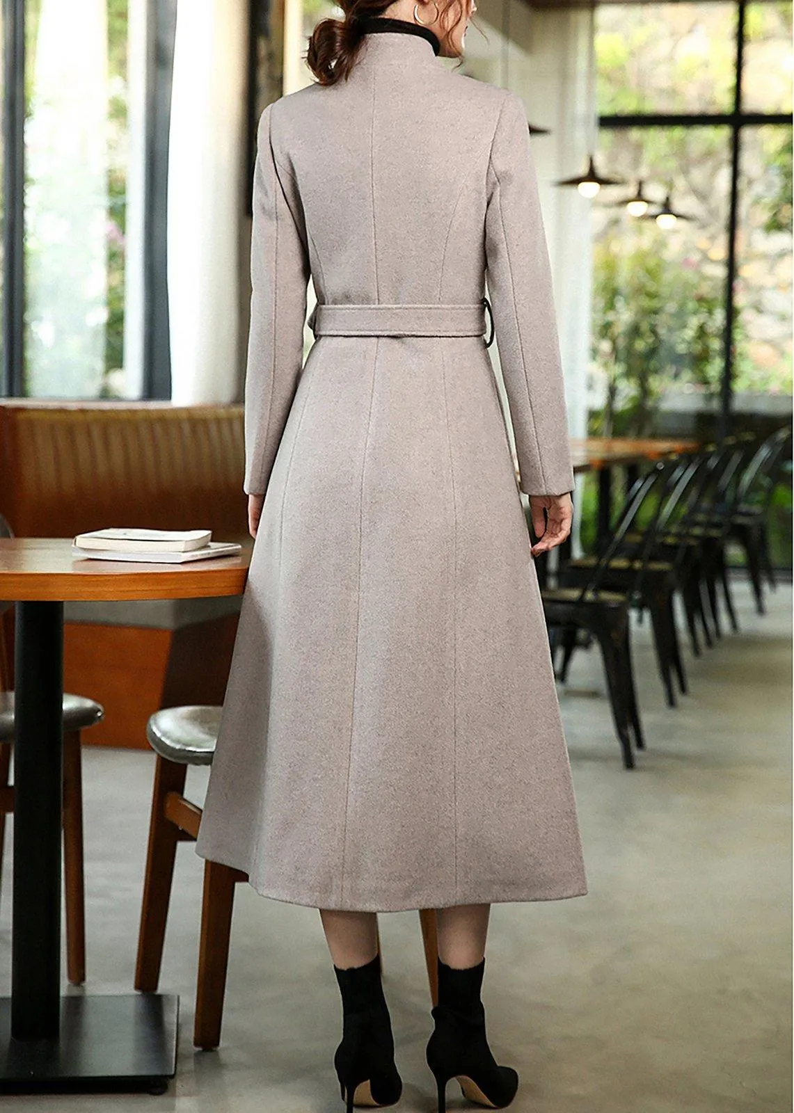 Women's Custom Gray Cashmere coat,super long over-the-knee slim Wool Coat,lace-up woolen coat,Autumn Winter coat for women,Women's Outerwear