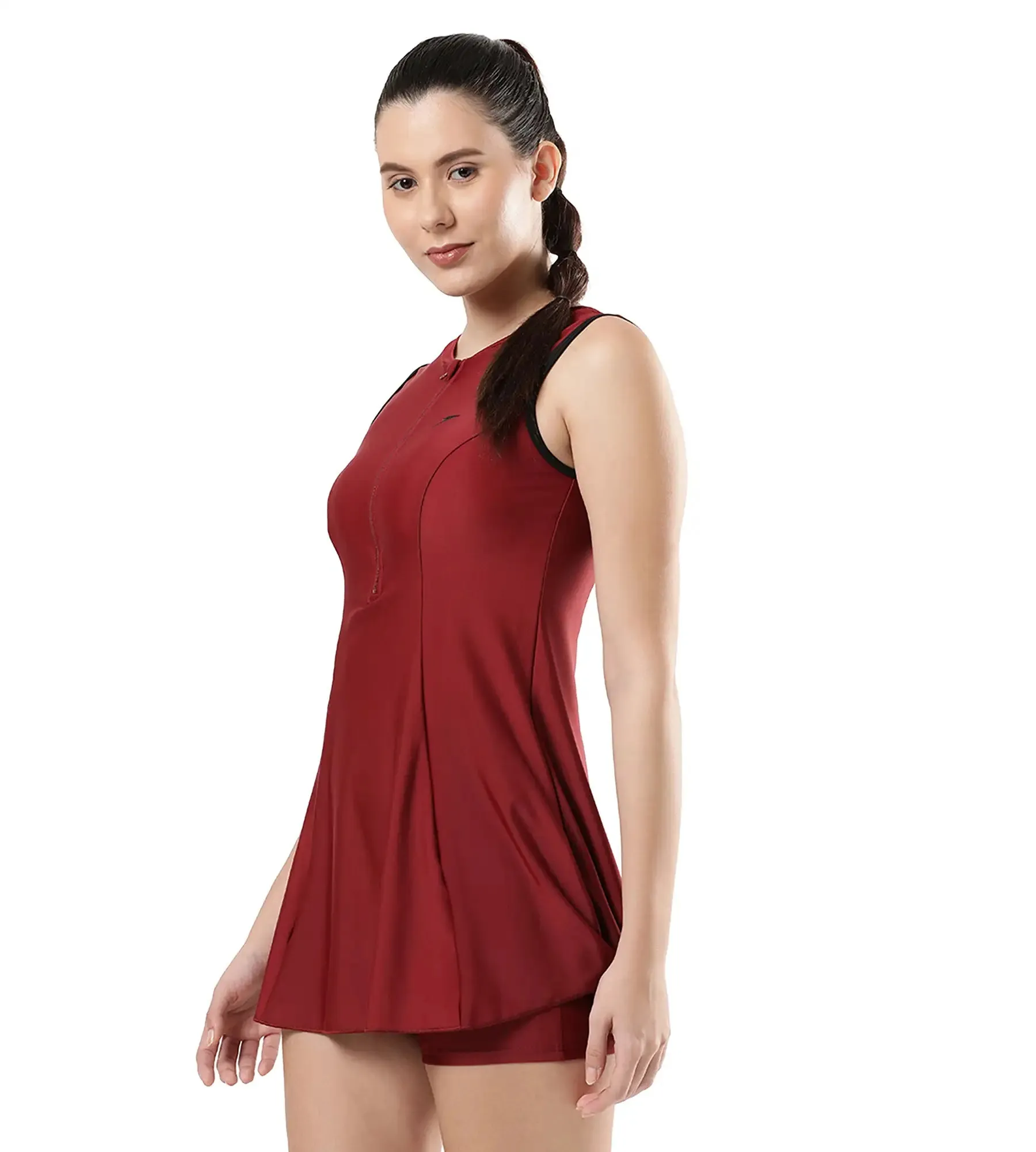 Women's Endura Brite Closedback Swimdress With Boyleg - Oxblood & Black