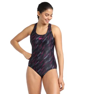 Women's Endurance Hyperboom Allover Racerback One Piece Swimwear - Black & Electric Pink