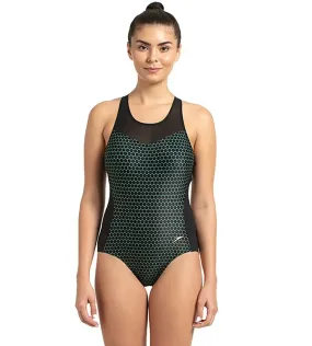 Women's Mesh Panel One Piece Swimwear - Black & Greenglow